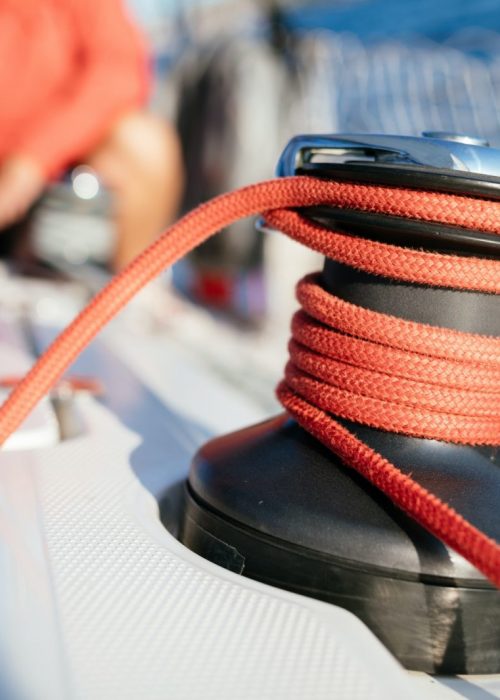 Portrait of sailboat equipment consisted of winch and rope